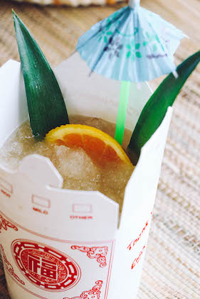 Kegged Mai Tai served in a Chinese takeout container