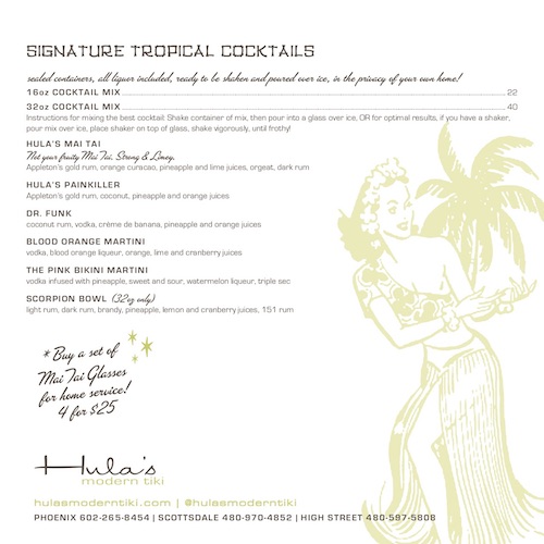 Hula's Modern Tiki cocktails-to-go menu